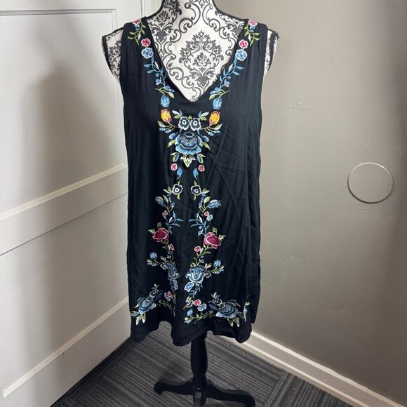 The Cove black v-neck embroidered sleeveless mini dress.  Boho casual - Picture 1 of 9